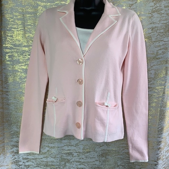 Neiman Marcus baby pink/white sweater/cardigan with white top size S - Picture 2 of 10